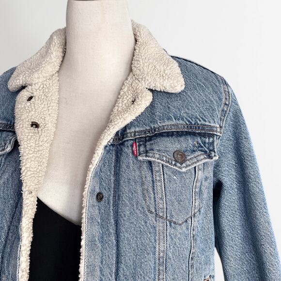 Levi's Original Sherpa Trucker Denim Jean Jacket Sz M Blue Light Wash Grunge - Picture 5 of 8